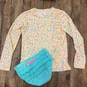 Ruffle Butts, two-piece rash guard bikini Little Girls Size 7 Confetti and mint